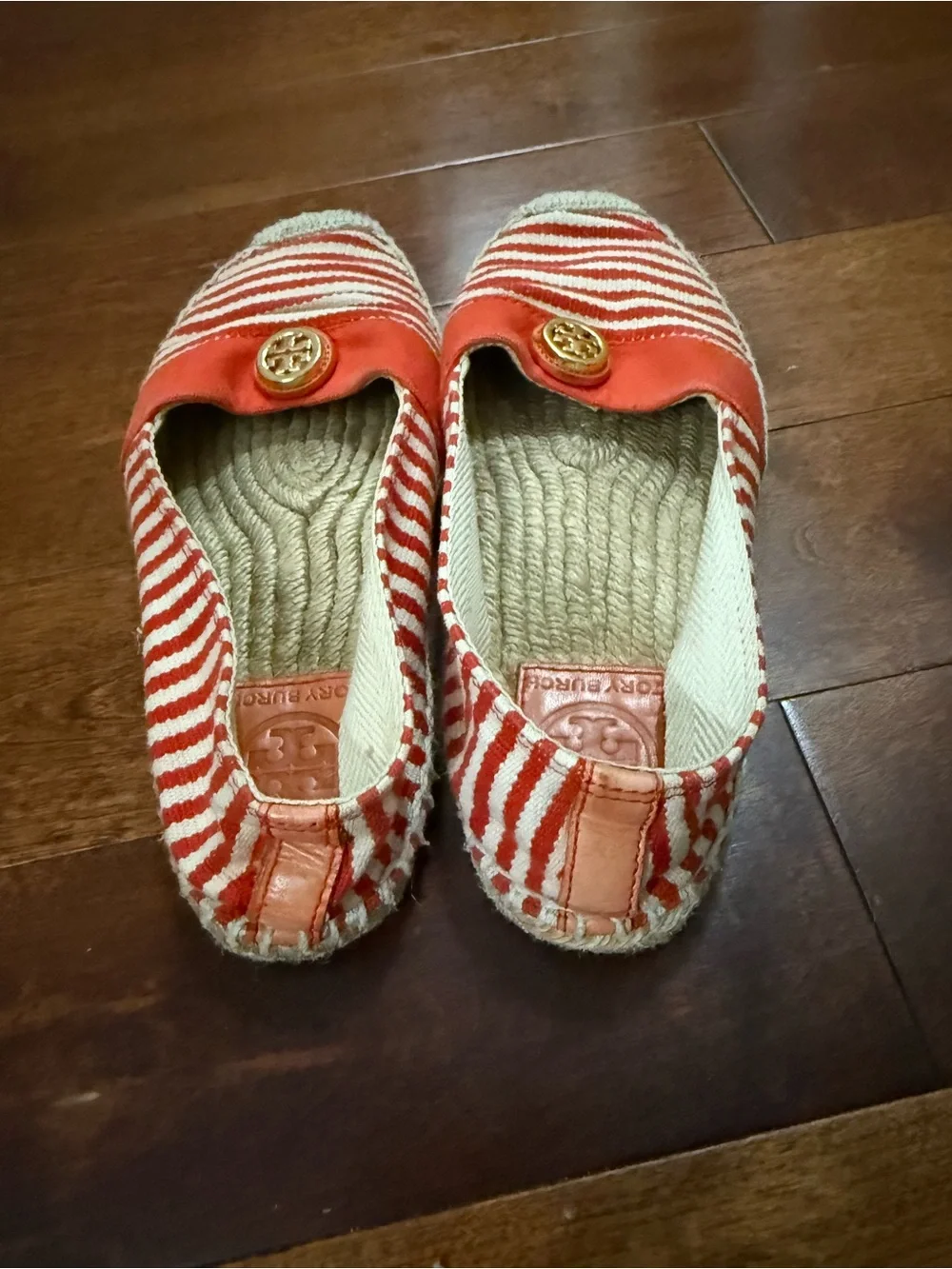 Tory Burch Red and White Striped Espadrille Flats with Gold Logo